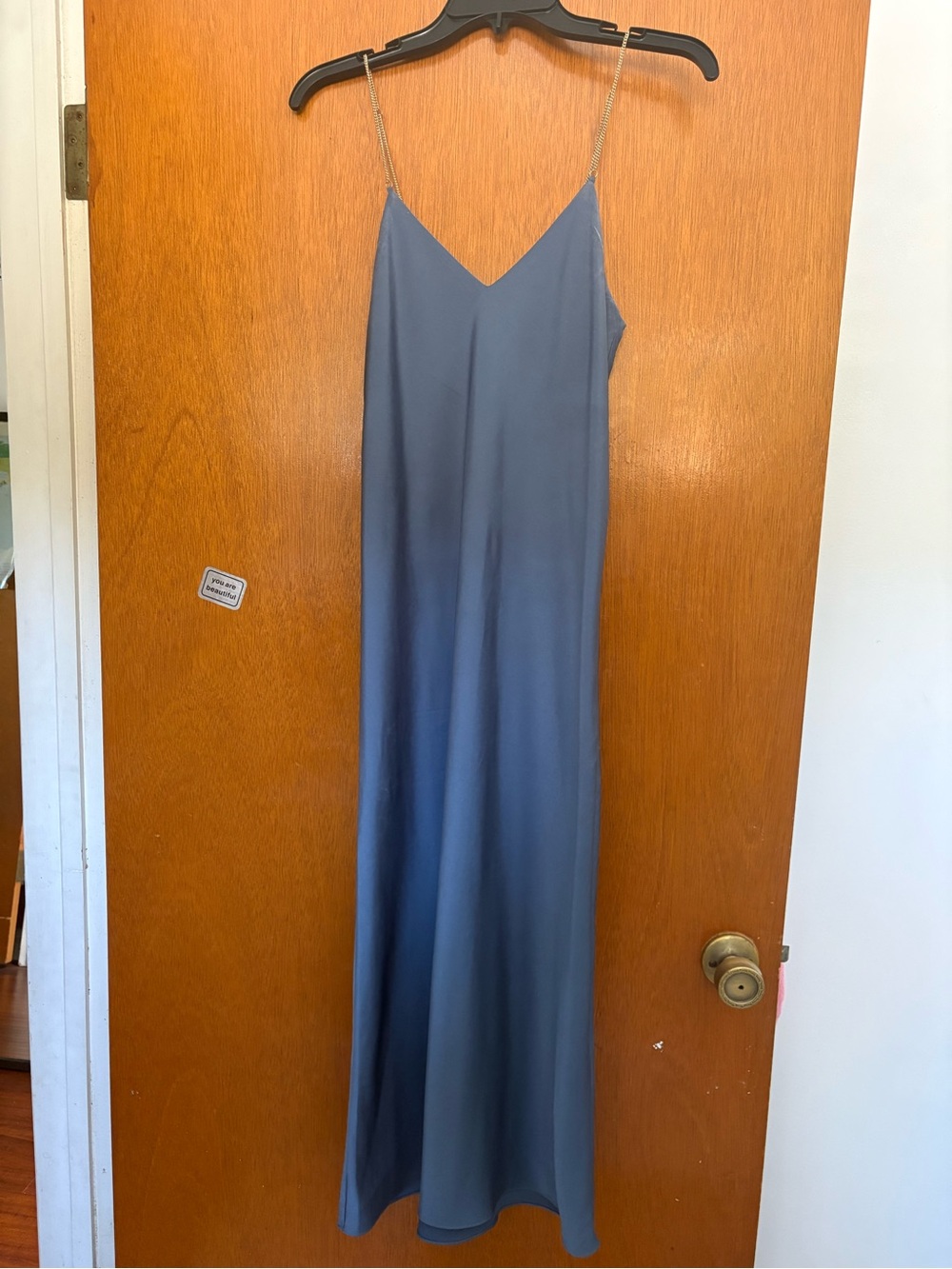 Satin Slip Maxi Dress with Chain Straps - Slate Blue